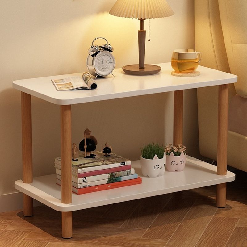 Contemporary Chairside Table Only with Engineered Wood Top, 4 Legs, Chalk/Caramel/Unfinished Color, Rectangle/Square Shape, and Shelf