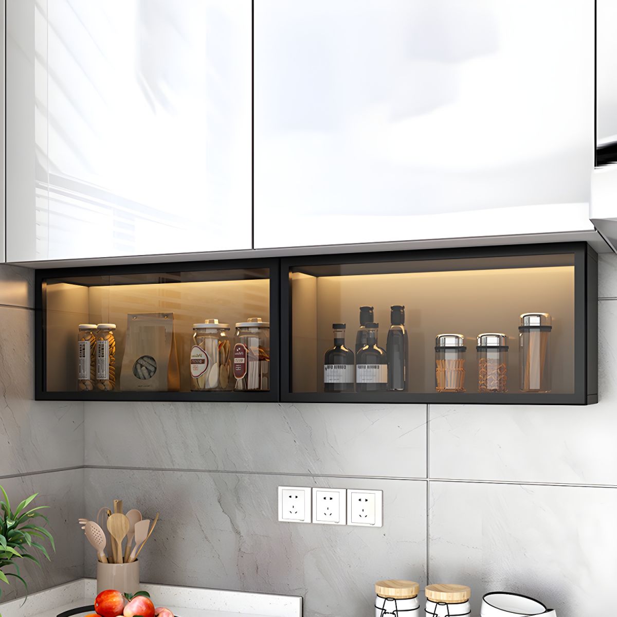 Contemporary Faux Wood Wall Mounted Display Cabinet with Glass Door