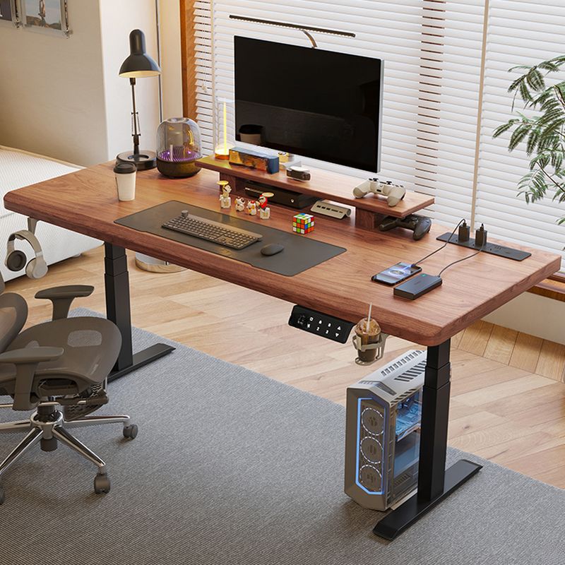 Adjustable Height Standing Desk, Mildew Resistant with T-Shape Base, Ink/Brown Top, Self-supporting with Tumbler Holder and Programmable Memory Controller