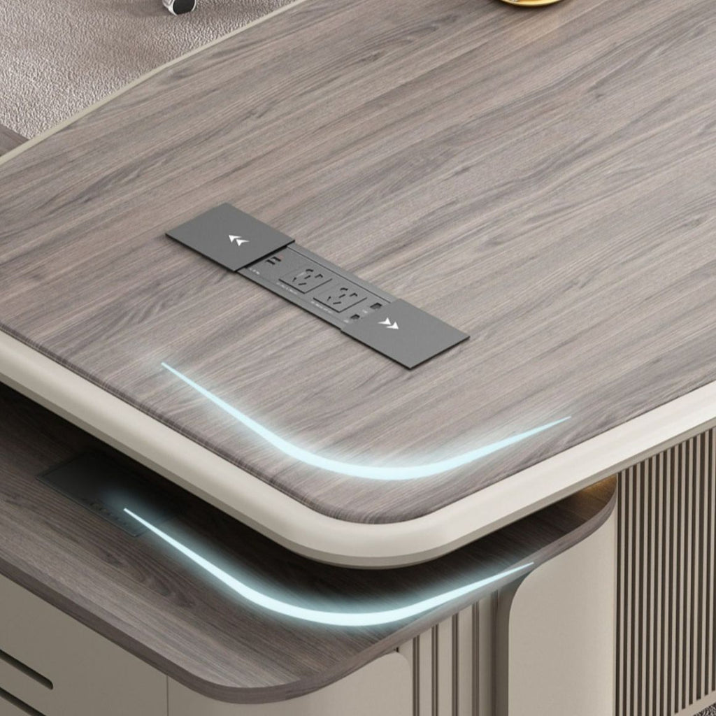 Moisture Resistant Desk with 4 Drawers and Cabinet, Featuring Dual Footing, 1 Exterior Shelf, Cable Management, Front Splash, and Cooling Hole