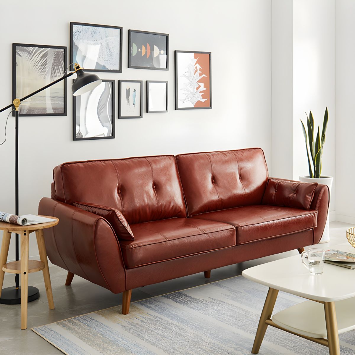 Modern Leather Sofa Flared Arm Button-tufted Loose Back Sofa for Living Room Bedroom
