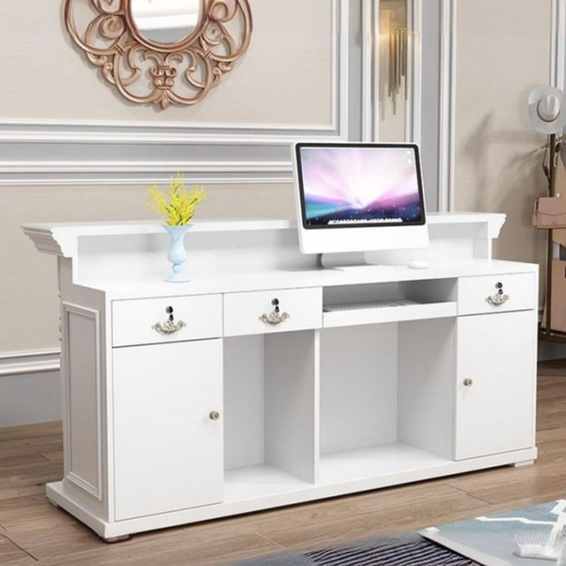 Rectangle Manufactured Wood Top Reception Desk with Hutch & Keyboard Tray, Hutch & Lockable Drawer, Includes Filing Cabinet