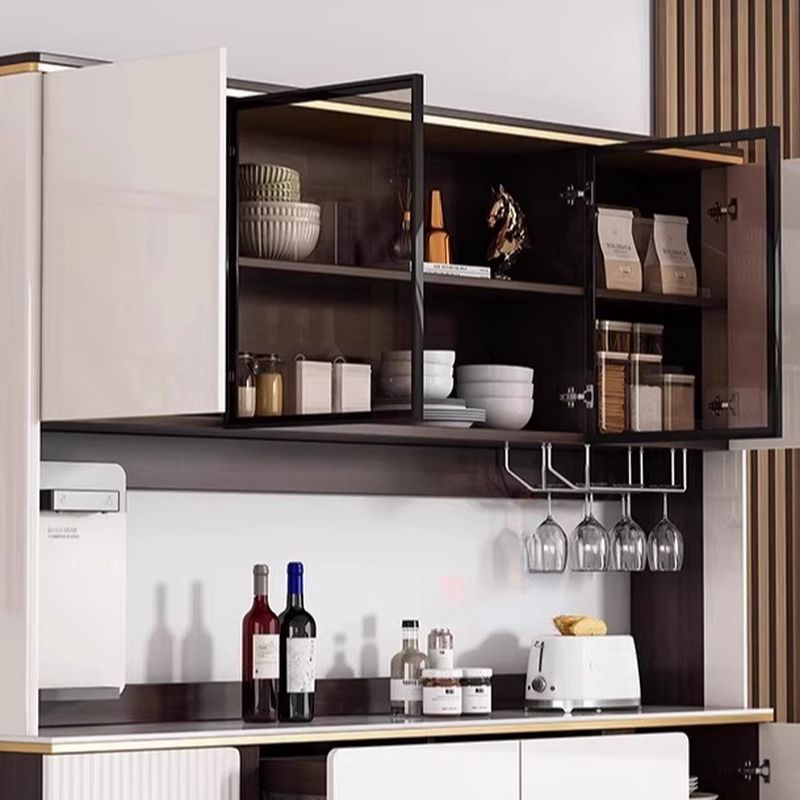 Chalk Sideboard with 2 Drawers/1 Drawer, Standard/Narrow Size, Six Internal Shelves, Sintered Stone Countertop, Glazed Door, and Stemware Shelf