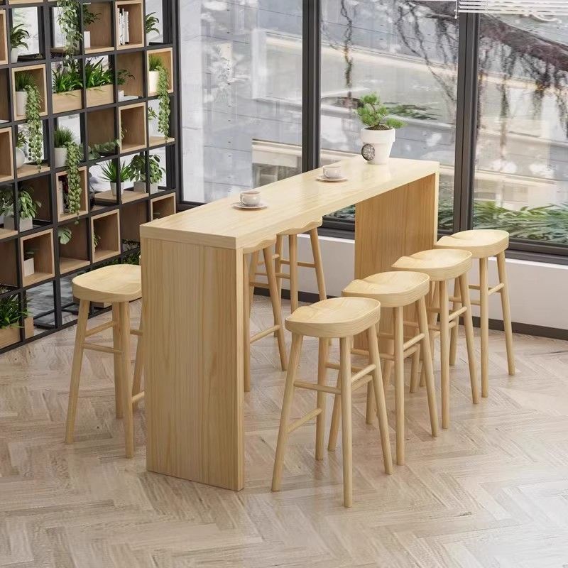 Modern Rectangular Natural Wood Pub Table with Two-sided Pedestal in Wood Grain