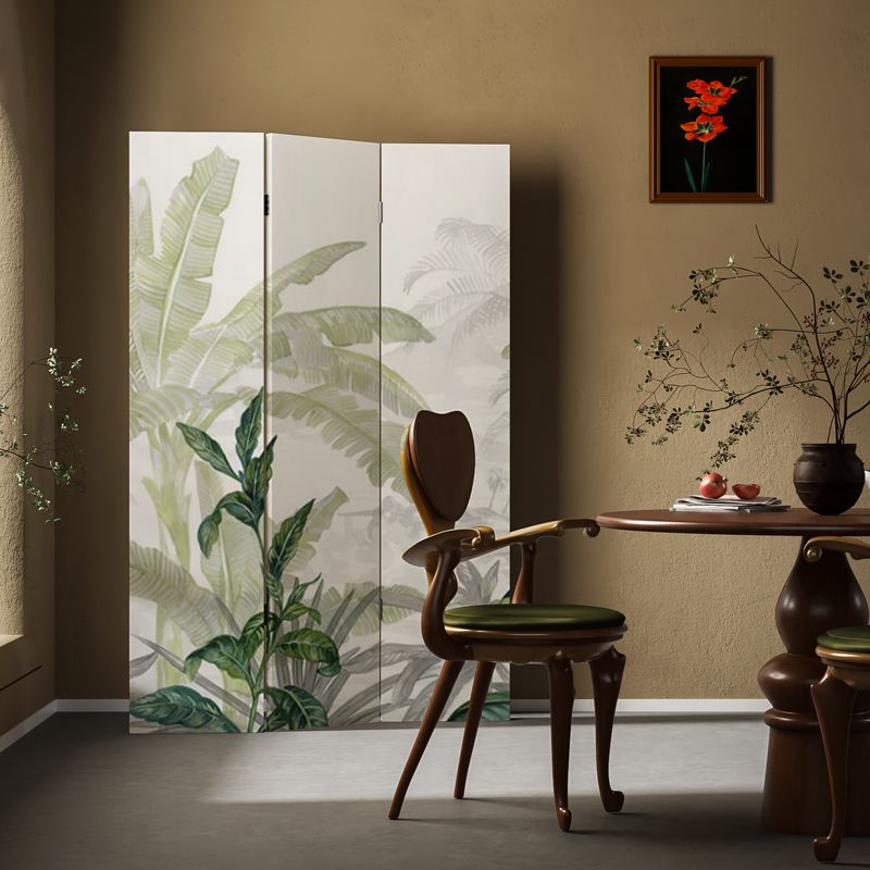 Beige Opaque Fold-up Screen Divider with Natural Wood Frame, 3/4 Panels, Double Sided Print, and Independent Design