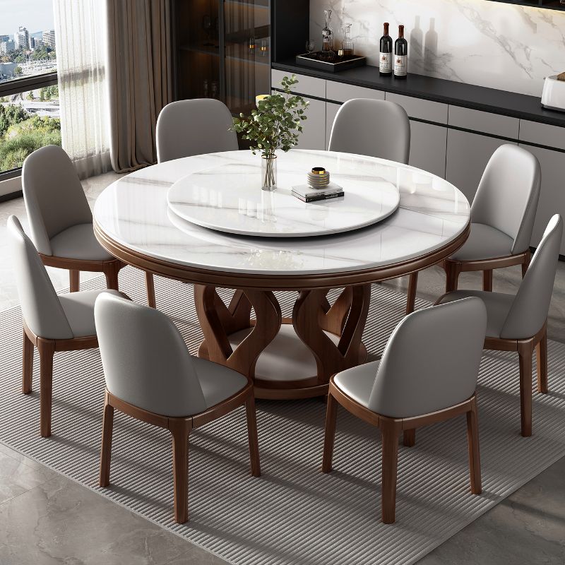 Anti-Fouling Stone Dining Table with a Sintered Stone Rotatable Top and Sepia Base, Seating for 8/Seating for 6/4-person Seat