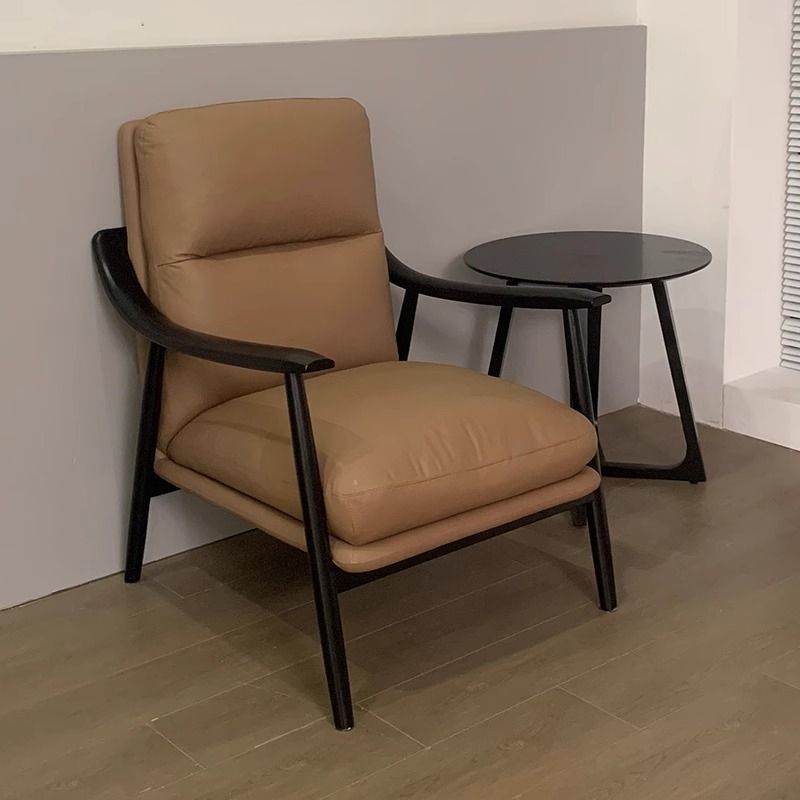 Simplistic Solid Color Arm Chair with Sewn Pillow Back in Ink/Cocoa and Arms