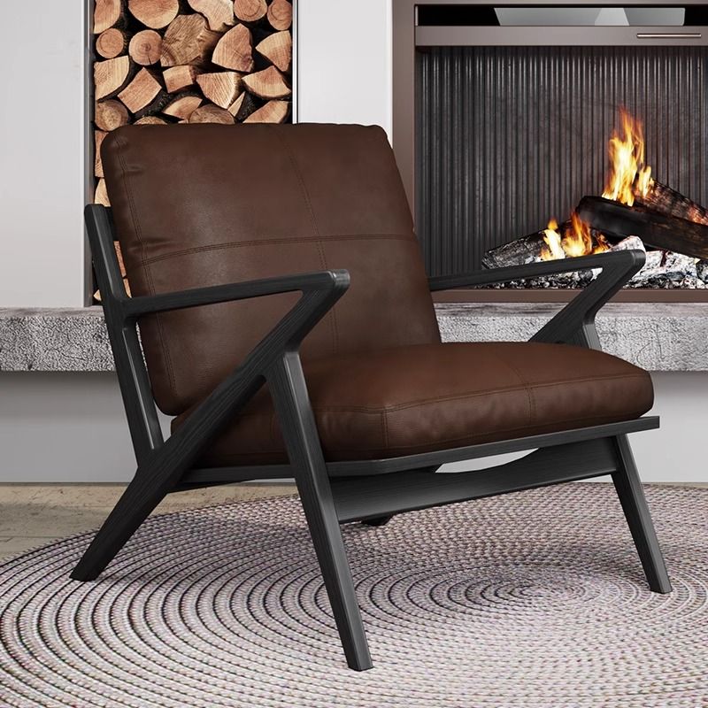 Art Deco Solid Color Arm Chair with Sewn Pillow Back in Ink/Pecan and Arms