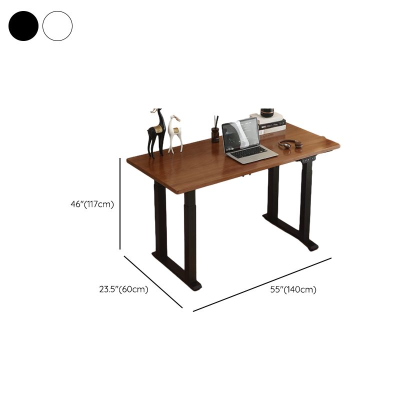 Simplistic Flexible Height Desk with Rainproof Toboggan Base, Automatic Height Adjustment, Auburn Lumber Top, Floor Mounted