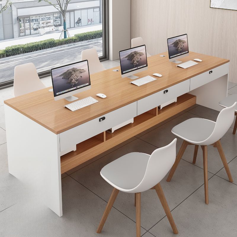 Natural Finish Timber Floor Mounted Cabinet with Drawers Included, 3/2/1 Drawer Stump Base, Cable Management, and Front Splash