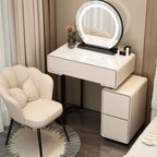 Modish Small Vanity Set/Makeup Vanity in Light Gray/White with 3 Drawers, Alloy Frame, Light Up Mirror, and Chair