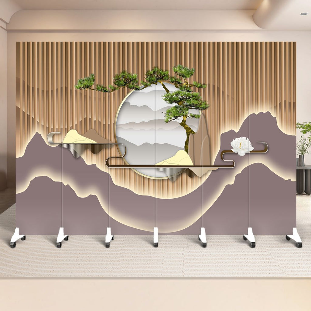 Indoor Opaque Collapsible Temporary Wall with Wheels, Natural Wood Frame, 6 Panels, and Double Sided Print