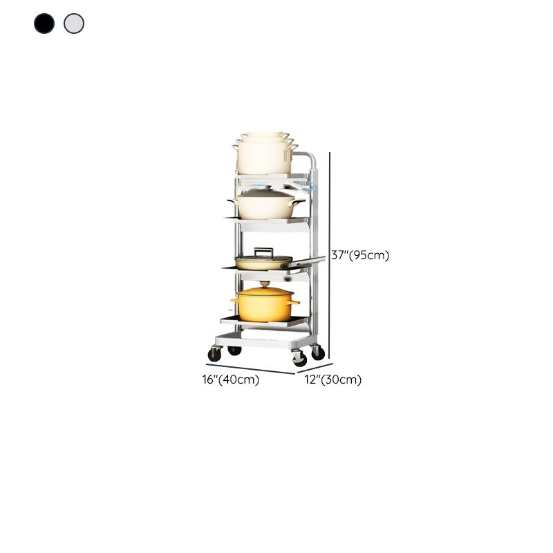 Modish Rectangle Portable Center with Wheels, Metal Countertop, Adjustable Shelves, and Silver Open Storage