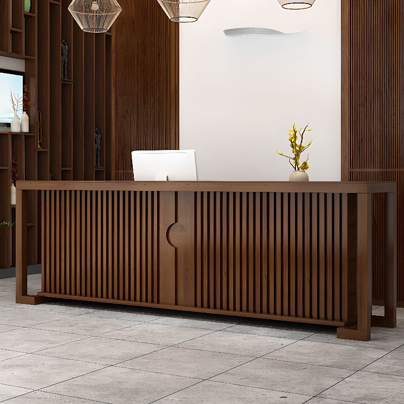 Rectangle Solid Wood Top Tan/Unfinished Color/Brown Reception Desk with Cupboard, Keyboard Tray & Filing Cabinet