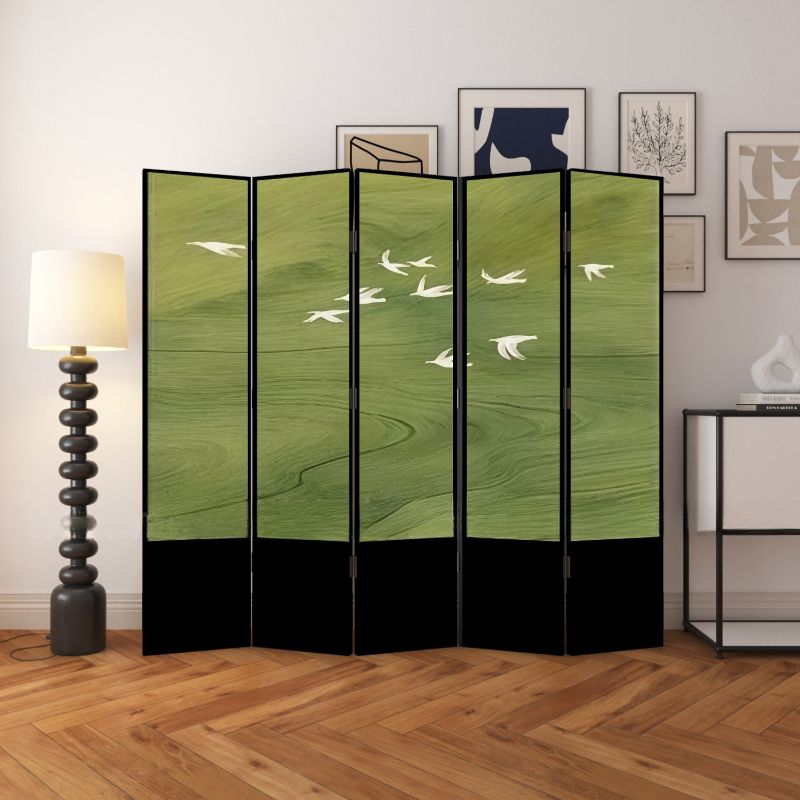 Screen Divider in Lime Green with Opaque Light Filtration, Fold-up Design, Natural Wood Frame, Available in 3/5/4 Panels, Double Sided Print, Independent