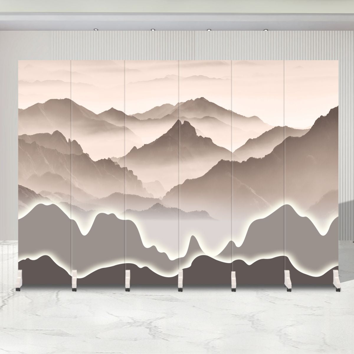 Indoor Opaque Folding Natural Wood Temporary Wall Panels with 6 Panels, Double Sided Print, and Self-supporting Design