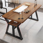 Casual Writing Desk with Storage, Scratch-proof Trestle Base, Exterior Shelf, and Ink/Dove Grey/Chalk Lumber Top