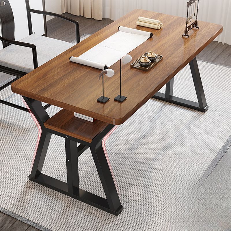 Casual Writing Desk with Storage, Scratch-proof Trestle Base, Exterior Shelf, and Ink/Dove Grey/Chalk Lumber Top