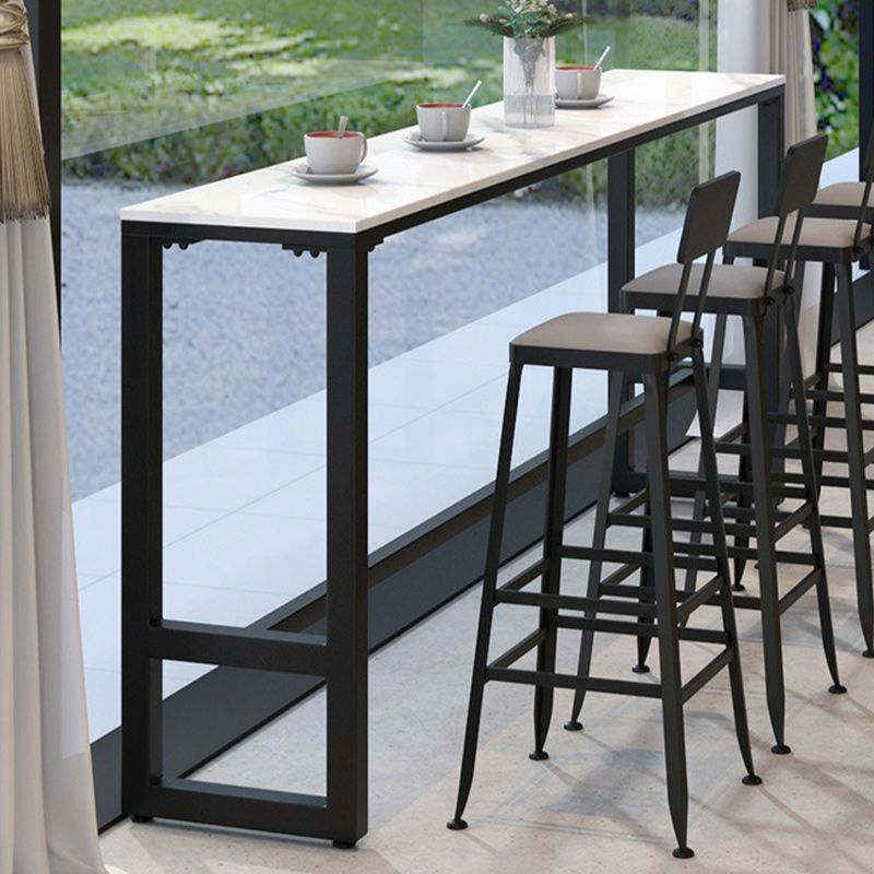 Rectangular Modern Stone Top Bar Table Set with Trestle Base and Backrest Barstools