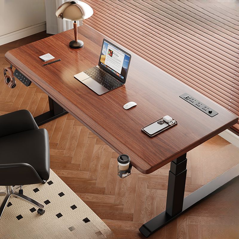 Brown Minimalist T-Shape Table with Built-in Outlets, Rust Resistant Natural Wood Top, Plug-In Feature
