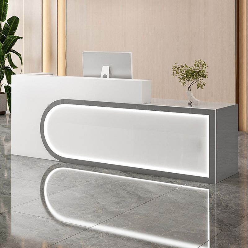 Rectangular Beige/Orange/Pink Manufactured Wood Top Reception Desk with Hutch, Keyboard Tray and Cable Management