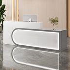 Rectangular Beige/Orange/Pink Manufactured Wood Top Reception Desk with Hutch, Keyboard Tray and Cable Management