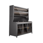 Minimalist Narrow Sideboard with Kitchen Cupboards, Sintered Stone Countertop, Glass Doors, and Adjustable Shelving