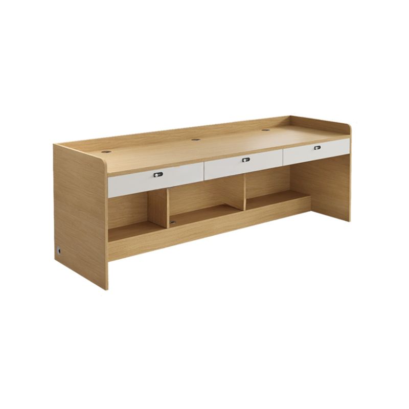 Natural Finish Timber Base with 3/2/1 Drawer, Stump Base, Floor Mounted, Cable Management, and Front Splash