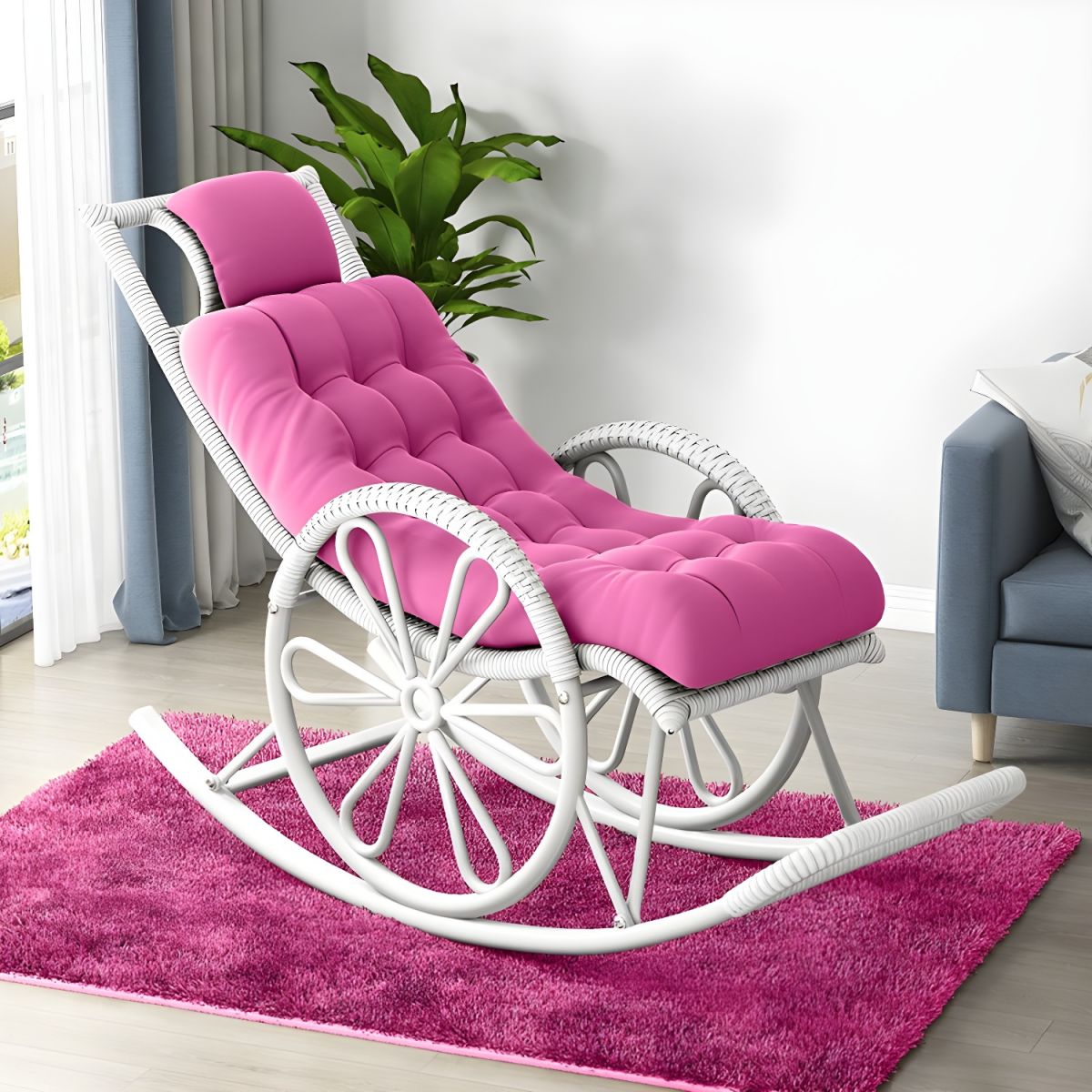 Modern Rocker Wicker Removable Cushions Tufted with Gray Frame Rocking Chair