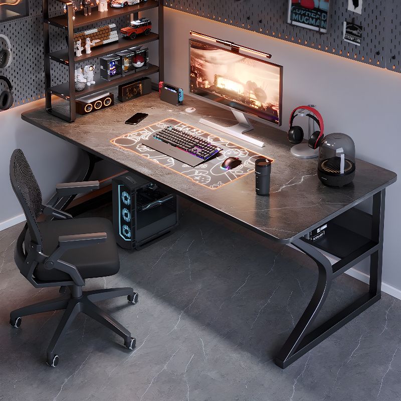 Chalk/Black Rectangular Steel Table with Scratch Resistant Surface, Shelves, and Toboggan Base, Includes Cable Management