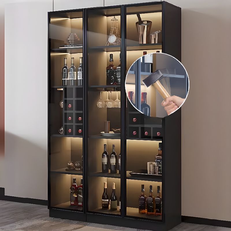 Flooring Confined Self-supporting Accent Cabinet in Wood with Glass Door, Locker, 5 Shelves and Culinary Equipment Storage for Drawing Room in a Modish Style