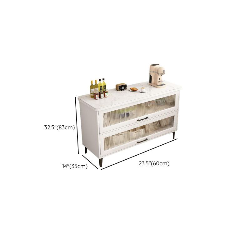 Modish Rectangle Kitchen Island with 2 Interior Shelves, Stone Countertop, Drawer Pulls, and White Finish