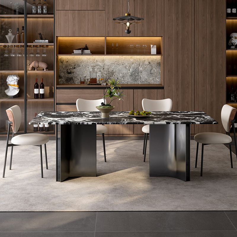 Trendy Marble Top Dining Table with Stainless Alloy Double Pedestal Base, Fixed Table in Glossy Black, Scratch-immune, Seating for 6/4-person Seating/8 People