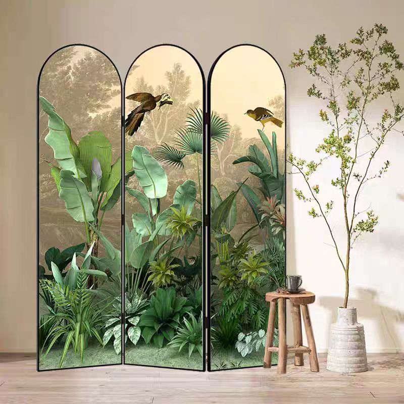 Indoor Opaque Collapsible Natural Wood Room Screen with 3 Panels, Double Sided Print, and Freestanding Design