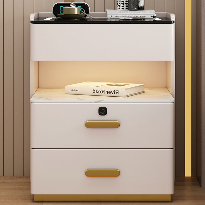 Modish Glass Nightstand With Drawer Organization Featuring Illuminating Lighting