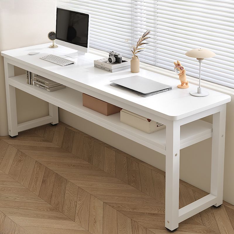 Casual Writing Desk with Storage and Crack Resistant H-Shape Base, Featuring Exterior Shelf in Chalk Engineered Wood
