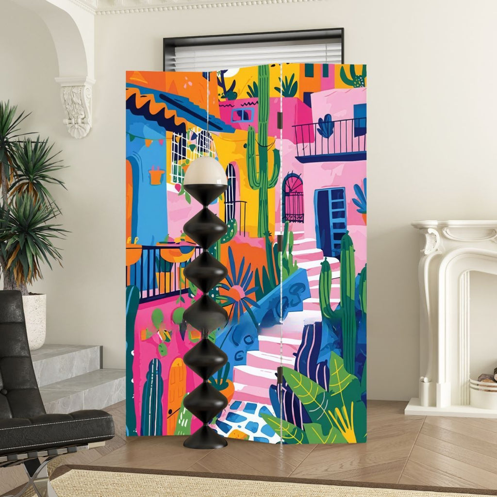 Multicolor Screen Divider with Opaque Natural Wood Frame, 3 Panels/5 Panels/4 Panels Fold-up, Double Sided Print, Independent