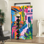 Multicolor Screen Divider with Opaque Natural Wood Frame, 3 Panels/5 Panels/4 Panels Fold-up, Double Sided Print, Independent