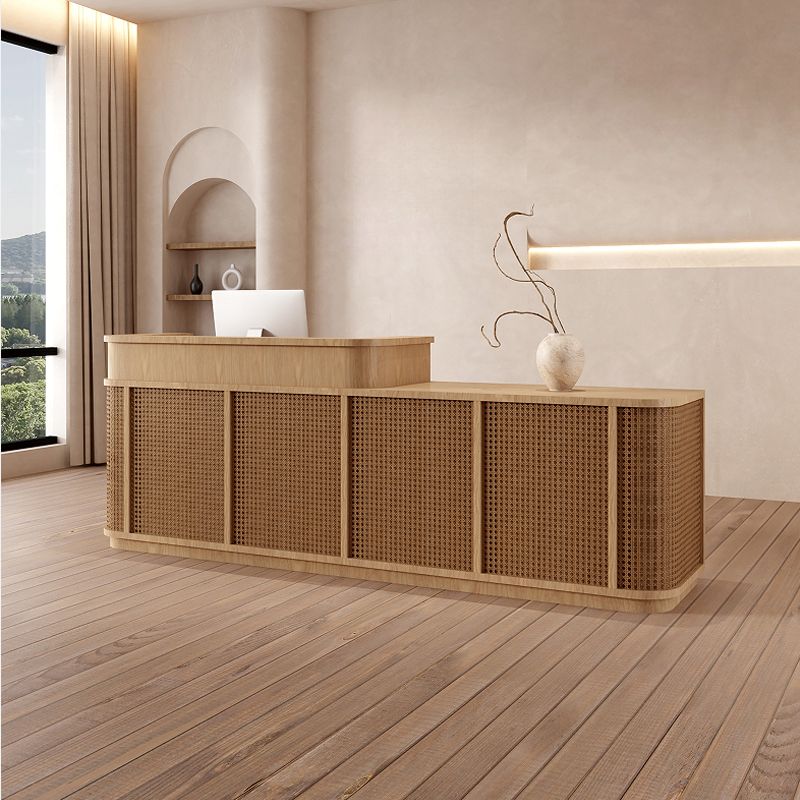 Rectangular Reception Desk with Locker, Hutch, Keyboard Tray, Brown/Unfinished Color Top, Filing Cabinet, Manufactured Wood Top