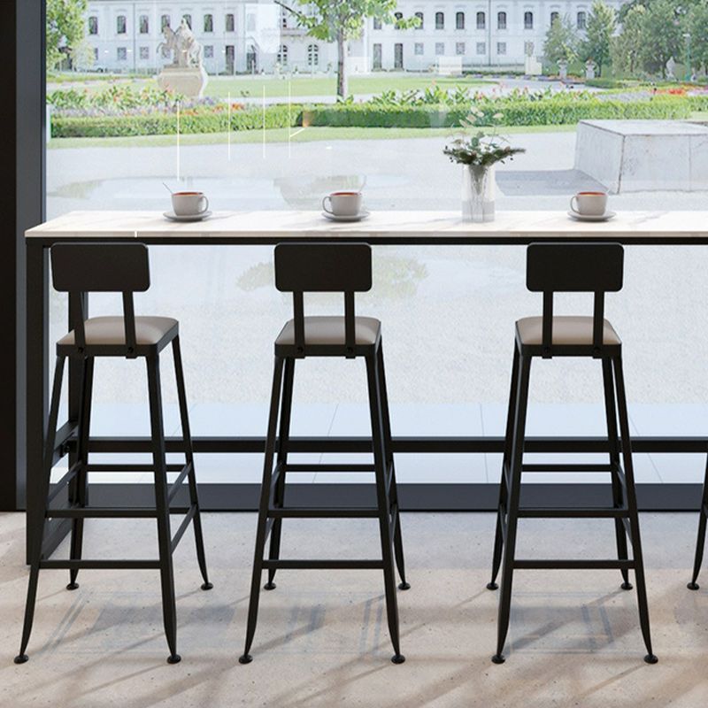 Rectangular Modern Stone Top Bar Table Set with Trestle Base and Backrest Barstools