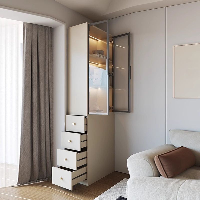 Detached Scratch-immune Accent Cabinet with Glazed Door, Grip Bars, Off White Top, Soft Close Drawer, and Stain Resistant Finish