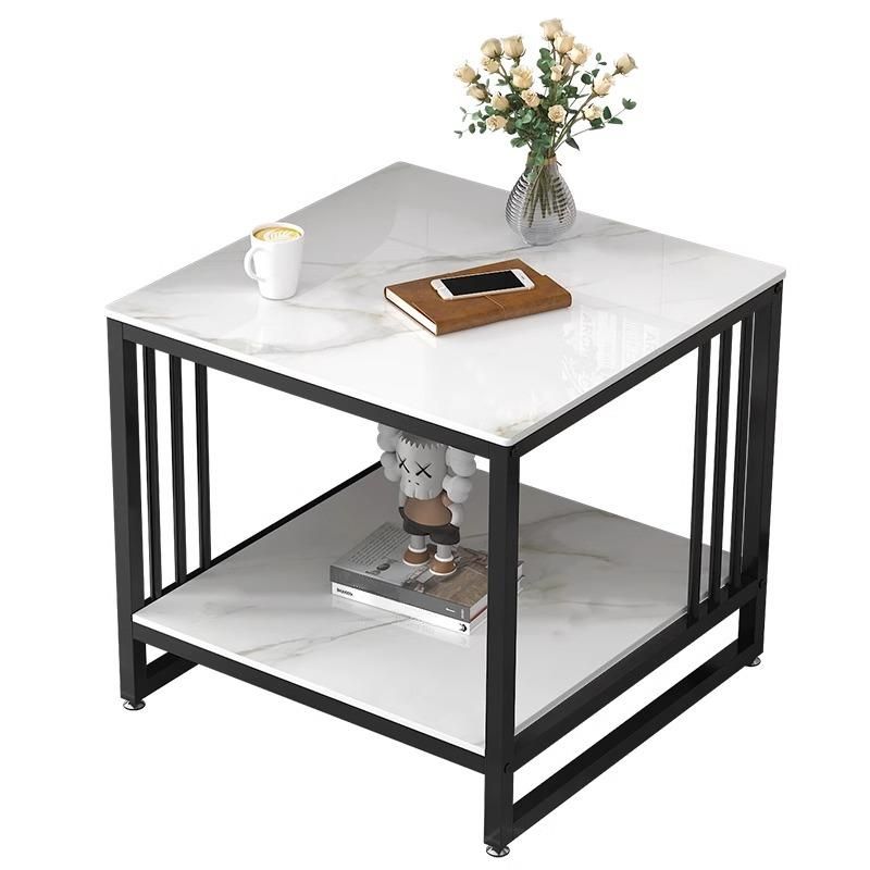 Contemporary Chairside Table Only with Light Gray Stone Top and 4 Legs, Rectangle/Square Shape with Shelf