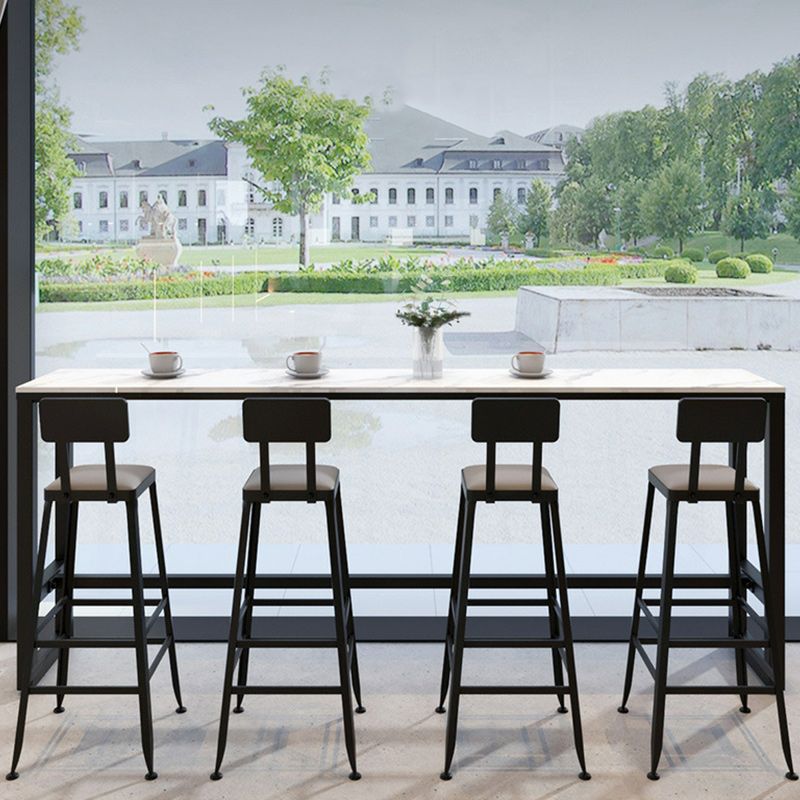 Rectangular Modern Stone Top Bar Table Set with Trestle Base and Backrest Barstools