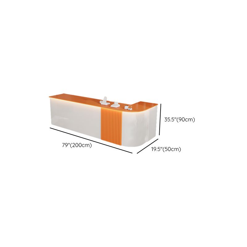 Reception Desk L-Shape with Cupboard and Filing Cabinet, Manufactured Wood Top in Sepia/Apricot Color/Carmine