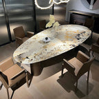 Glam Oblong Dining Table with Antique Brass Legs, Dirt-resistant for 8-seater, Marble Slab Top with Mixed Materials