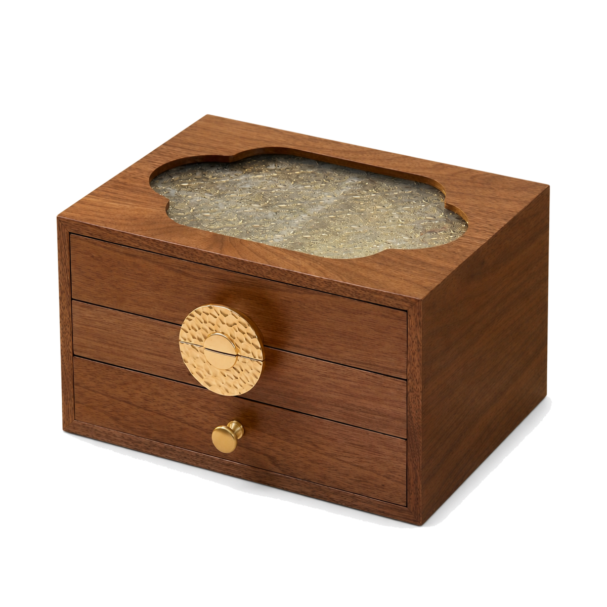 GZJSLOVE Three-Layer Walnut Jewelry Box with Drawers - product on pure white background