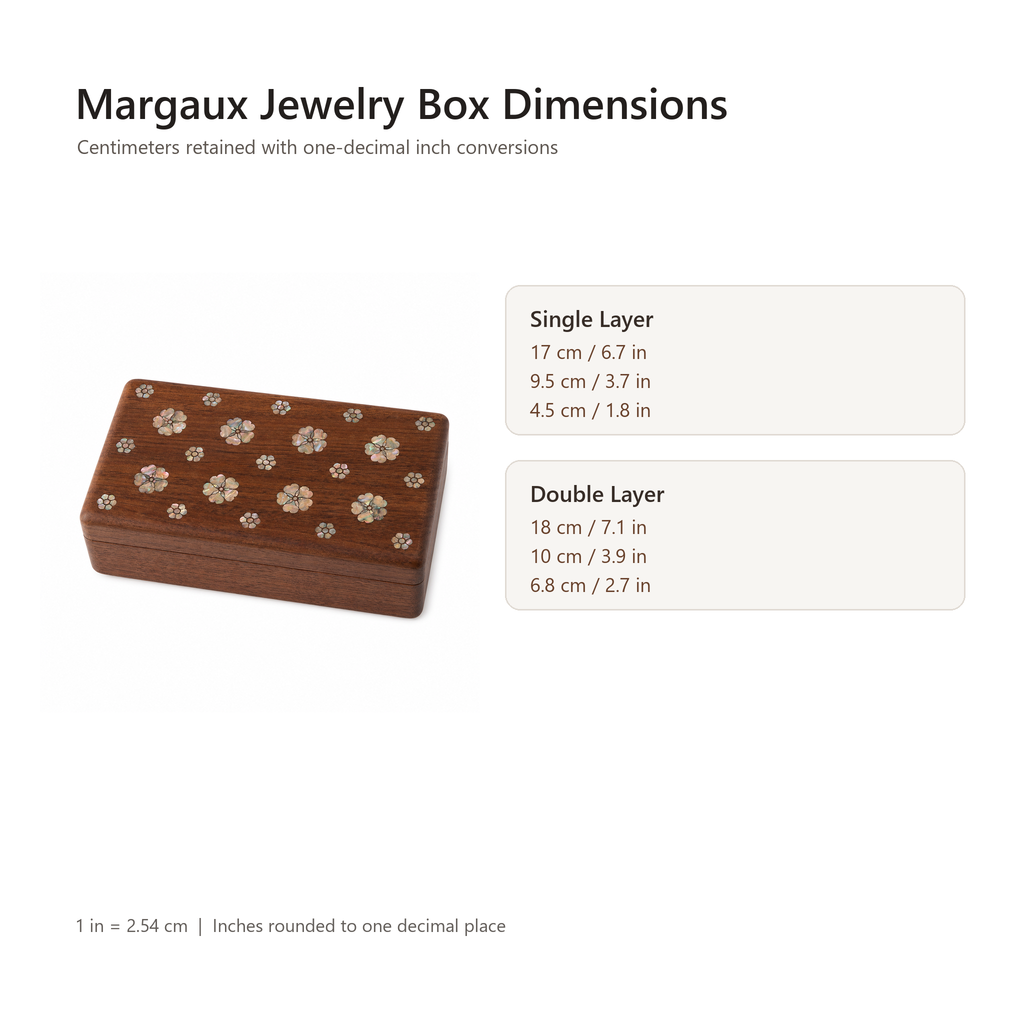 Margaux single-layer and double-layer jewelry box dimensions in centimeters and inches