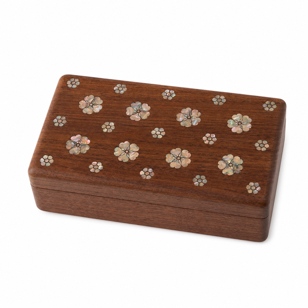 Margaux single-layer black walnut jewelry box with mother-of-pearl inlay on white background