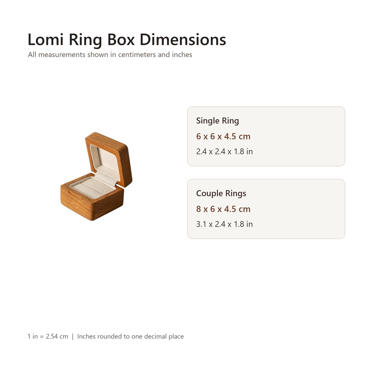Lomi single-ring and couple-ring box dimensions in centimeters and inches