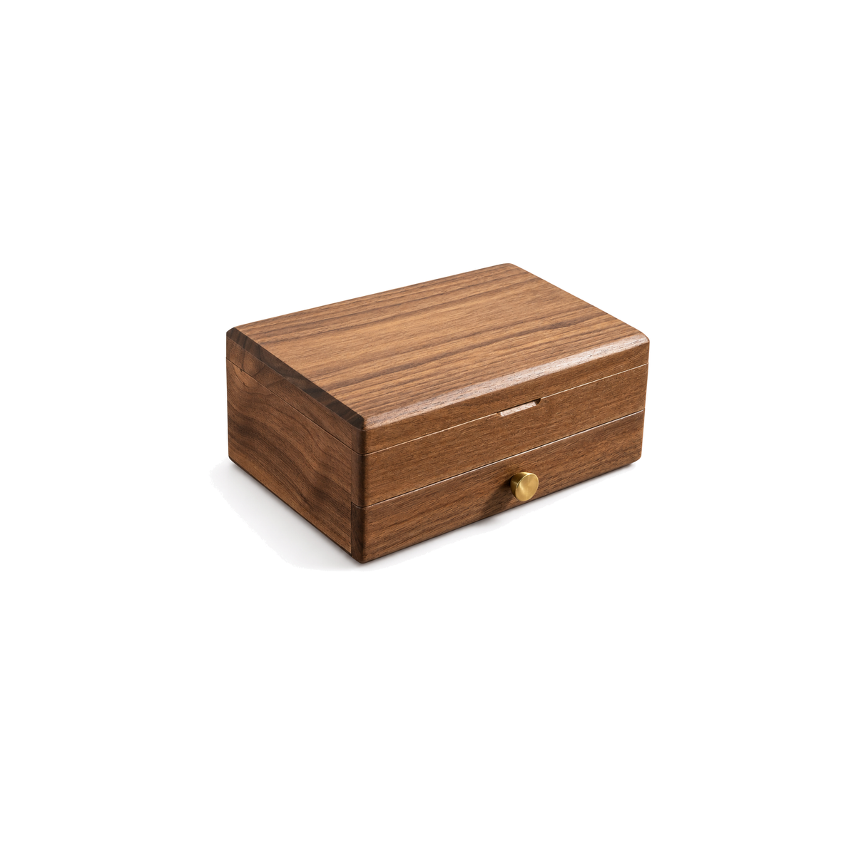 Closed two-tier black walnut Lisette jewelry box with solid wood lid on white background
